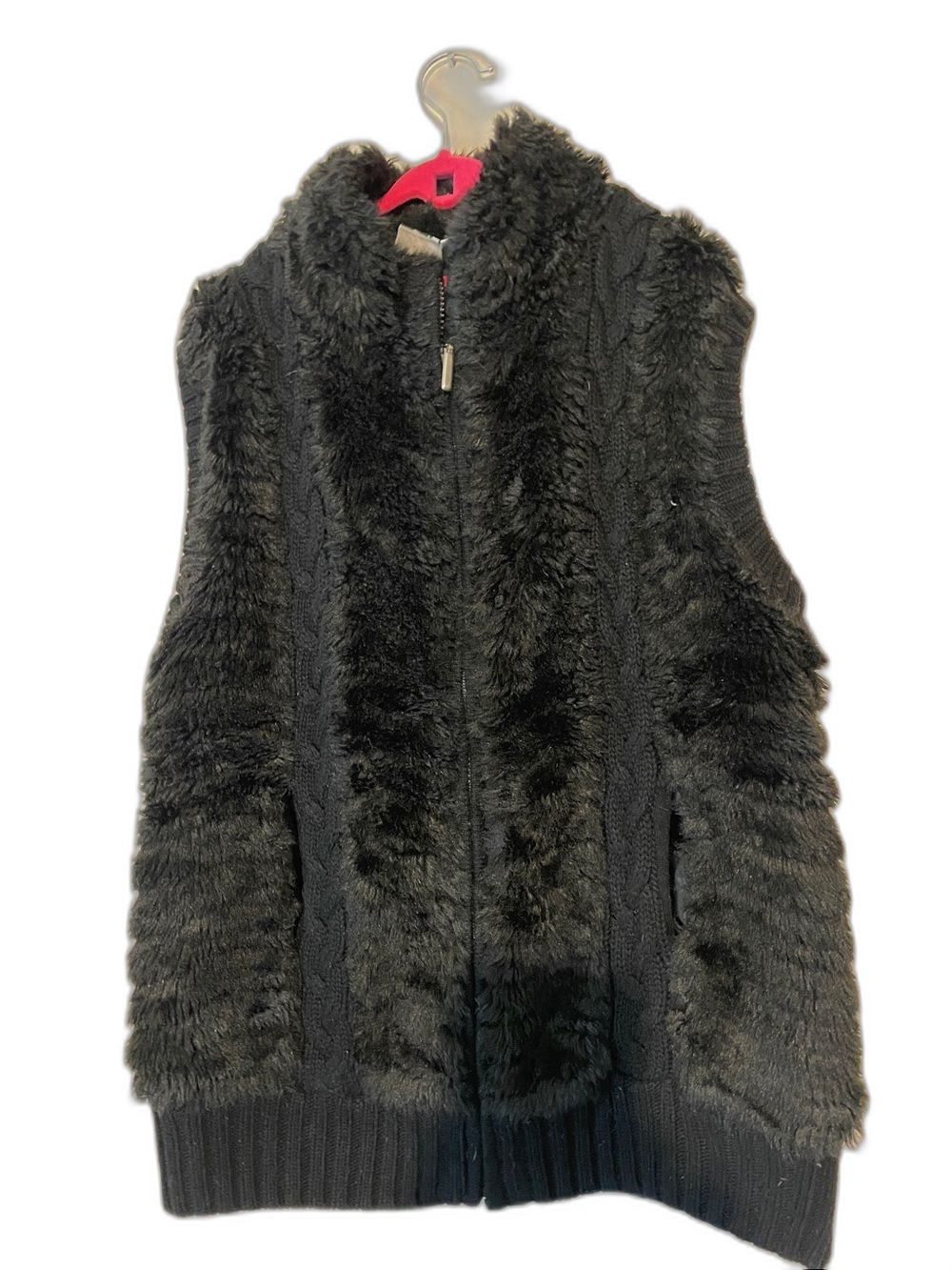 Faux Fur Mountain Lake Sweater Vest Zip Knit Pockets Lined Black